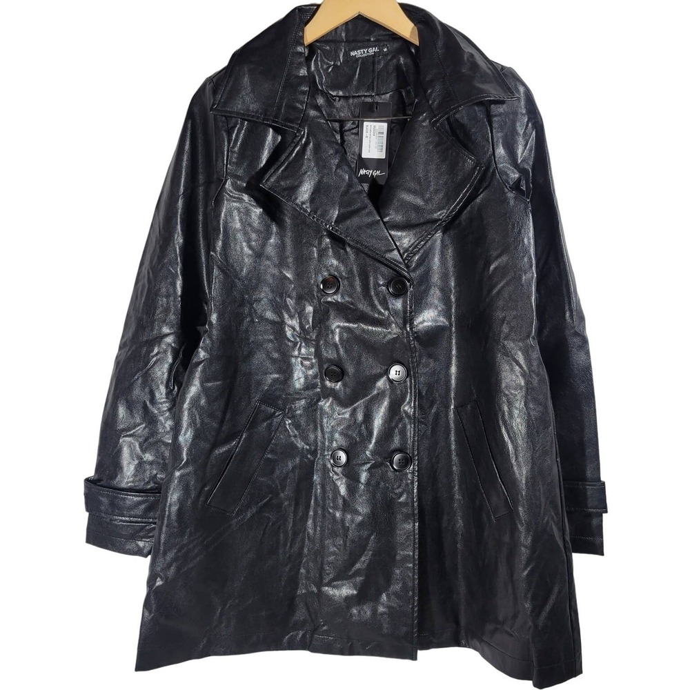 Nasty Gal Collection Black Faux Leather Longline Trench Coat Jacket Women's M